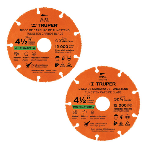 2 Discos Corte Tungsteno 4 1/2 Multimaterial Truper 12134