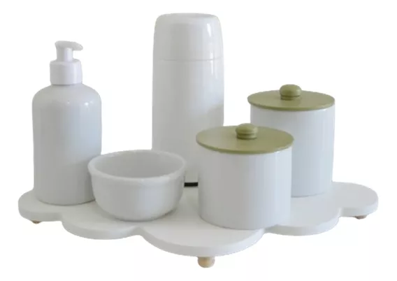 Kit Higiene Térmica Bebê Porcelana Bandeja Nuvem Branca 6pç