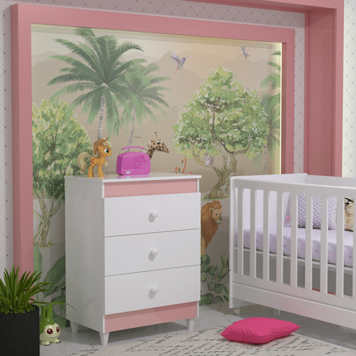 Comoda Infantil Bebe Quarto Ternura Cores Flex 3 Gavetas Cor Branco/rosa
