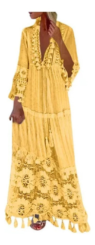 Vestido Mujer Bohemio Talla Grande Escote En V Color Sóli