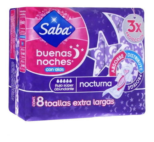 Caja Toalla Femenina Saba Buenas Noches Extra Larga C/a En 1