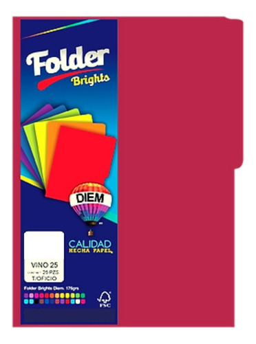 Folder Tamaño Oficio Colores Brillantes 25 Pzas Color Vino