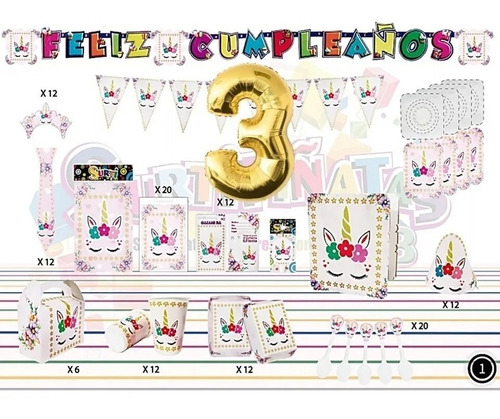 Kit Decoración Unicornio Pestañas Ojos 12 Niños + Obsequio