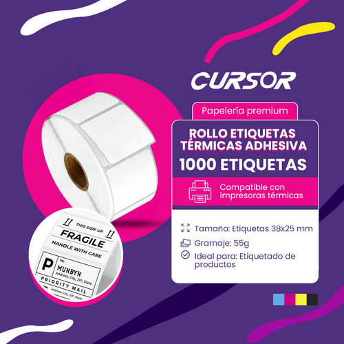 Rollo Etiquetas Térmicas Adhesivas 38x25mm 1000 Pzs Cursor P