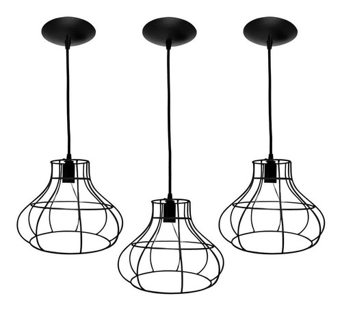 Imagem 1 de 5 de Kit 3 Pendentes Aramado Pera Retro - Preto- Alta Qualidade