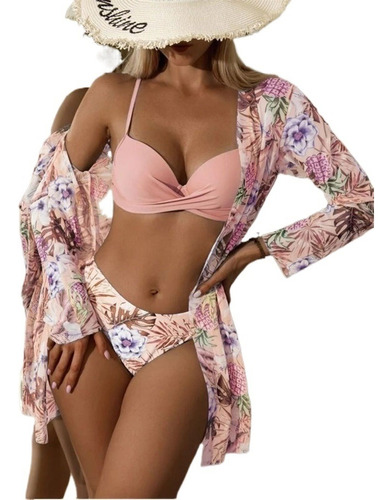 Conjunto De Kimono Playa Femenino + Bikini Floral 3 Pcs