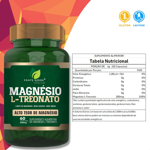 2 Potes Magnésio L-treonato Kit 120 Cáps -Fonte Verde