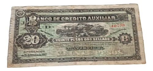 Billete Banco De Crédito Auxiliar 20 P. Oro, Sellado 1887
