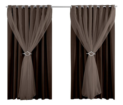 Cortina Blackout Tecido Com Voil 2,20m X 2,90m Sala Quarto Marrom
