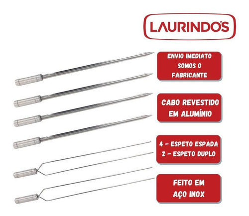 6x Espetos Inox Lâmina 60cm Espada E Duplo P/ Churrasqueira