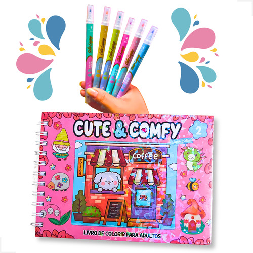 Kit Livro De Colorir Com Desenhos Cute & Comfy Cozy + Conjunto 06 Canetinhas Hidrográfica Marcador Ponta Dupla Fofa Permanente Tiktok Caderno Para Desenhar Livro De Pintar Bobbie Goods