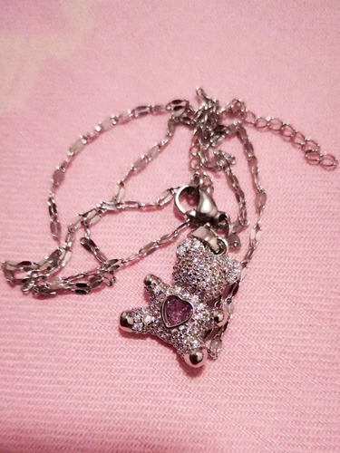 Imagen 3 de 5 de Collar Dije Oso Cubierto De Cristales Corazón Rosa Movible