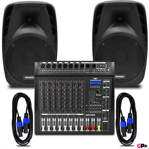 Sistema De Sonido 600w Mixer 8ch Potenciada 2 Bafles Cables