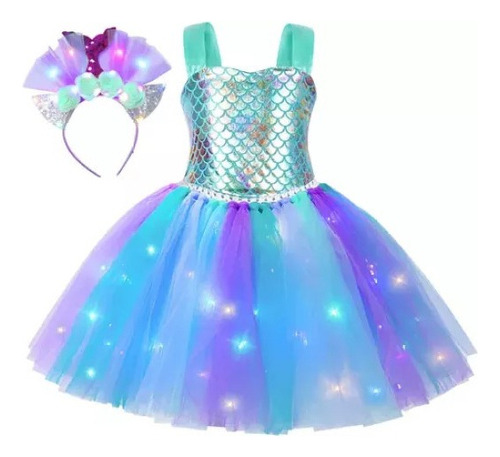 Vestido Conjunto Disfraz Sirenita Niña Tutú Tul + Led