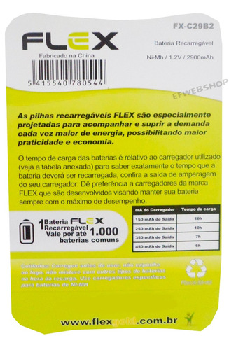 Imagem 3 de 3 de 4 Pilhas Recarregaveis Tipo C Média 2900mah Flex Fx-c29b2