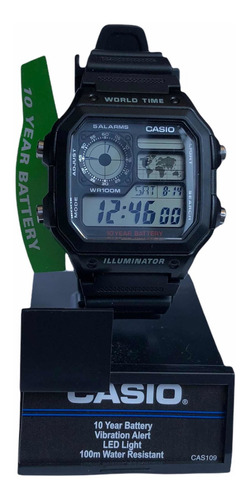 Reloj Casio Hora Mundial Ae1200 Negro 5 Alarmas Luz Naranja
