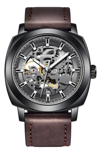 Benyar Hombres Ahuecan Los Relojes Mecánicos De Cuero Color Del Fondo Black/gray