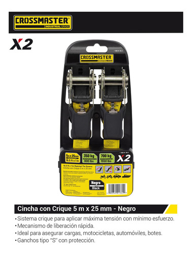 Cincha Cinta Con Crique 2 Un 5mx25mm 700 Kg Crossmaster Color Negro