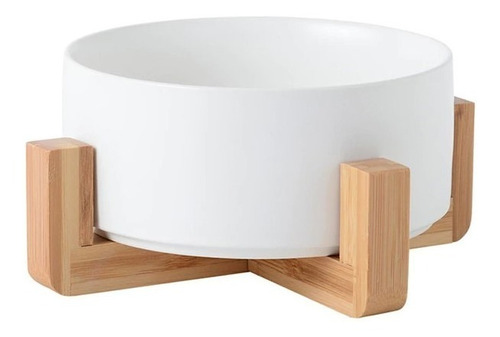 Comedero Bebedero Ceramico Base Madera Gato Perro Blanco S