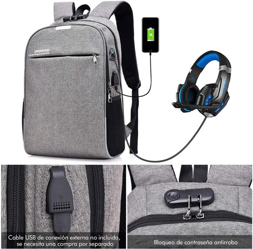 Imagen 2 de 8 de Mochila Gris Impermeable Y Antirrobo Con Conector Usb
