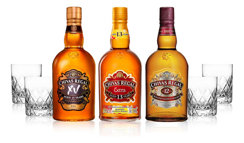 Whiskys Set Chivas Regal X3 + 4 Vasos Tallados