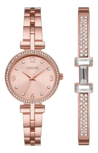 Set De Reloj Y Brazalete Geneva Cristales 2 Piezas Elegante