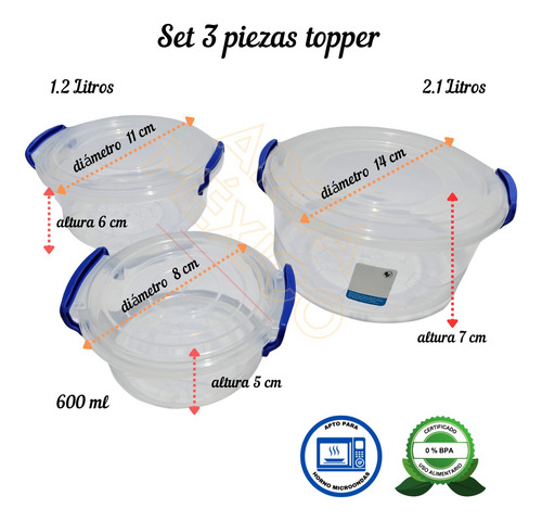 Set Toper Redondo Plástico Alica Recipiente Multicristal 3pz
