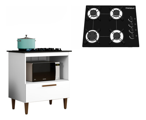 Kit Balcão Cooktop Chamalux 1 Porta Com Fogão Cooktop 4 Boca Cor Branco