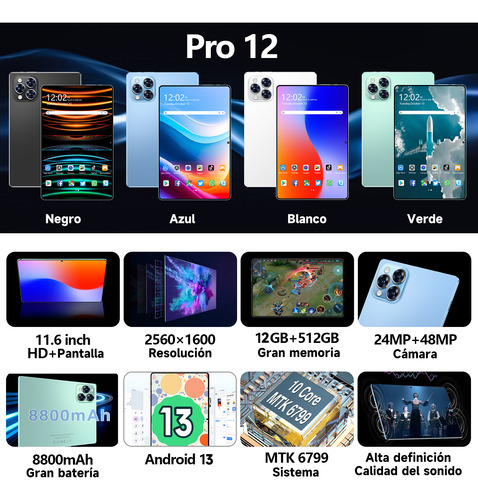 Tablet Pro12 12gb512gb Ram Android 13 Sim Tablet Con Teclado