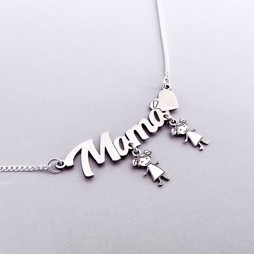 Imagen 5 de 10 de Collar Dije Mamá Niño Niña Corazón Plata .925 Mujer Agálea