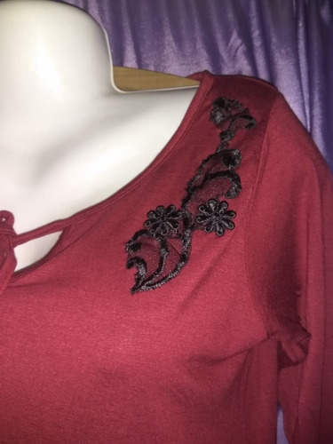 Blusa Xl Strech Bordo Y Aplique Negro Talle Grande Especial