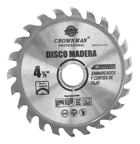 Disco Sierra Circular 115mm 4 1/2 Pulgada 24 Diente 12500rpm