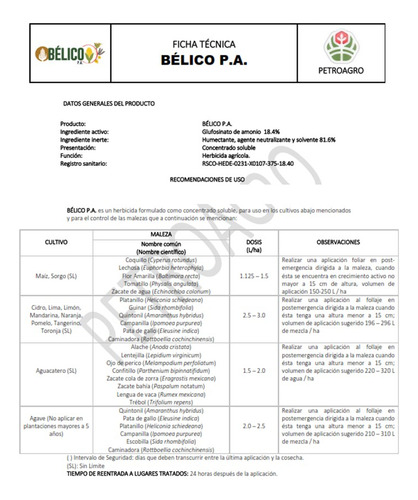2pz Belico 950 Ml Glufosinato De Amonio Maiz, Frutales Pas