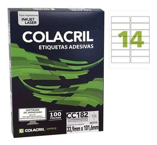 Etiqueta Carta 33,9x 101,6mm 14 Etiquetas/folha 100f Cor Branco