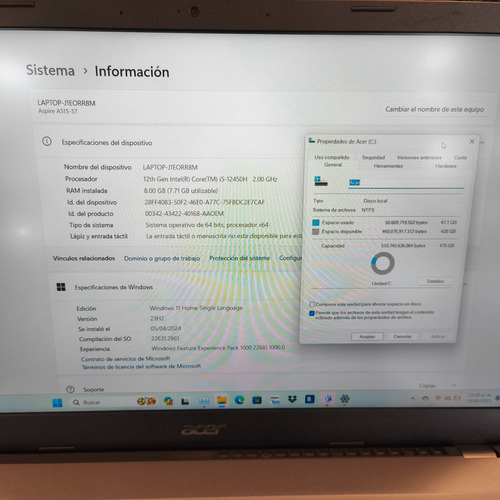 Laptop Acer Aspire 5 , Core I5 12th , 8gb Ram Y 512gb Ssd Gris (Usado)