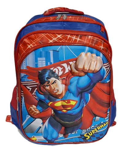 Mochila Combo 3d Luz Leds + Lapicera + Lonchera Primaria Y Prescolar Rojo Azul Superman Lisa