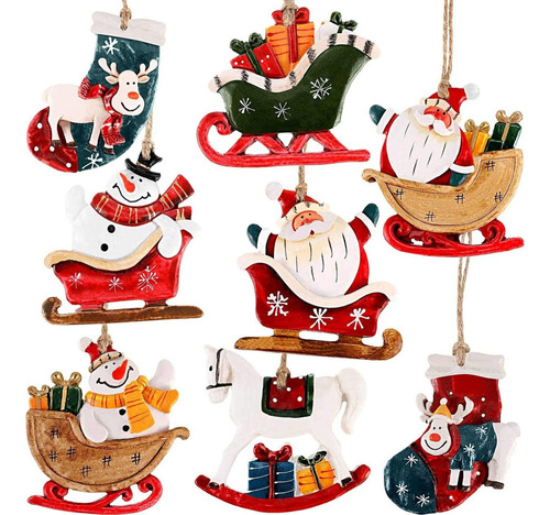 8pcs Santa Snowman Ornaments Christmas Hanging Pendants 2024