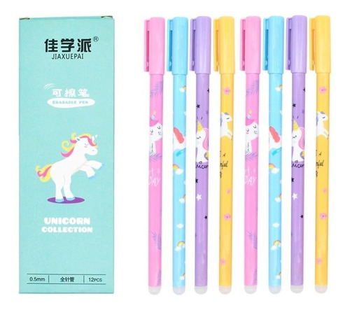 Set De 4 Lapiceros Borrables, Unicornio Kawaii + 4 Repuestos