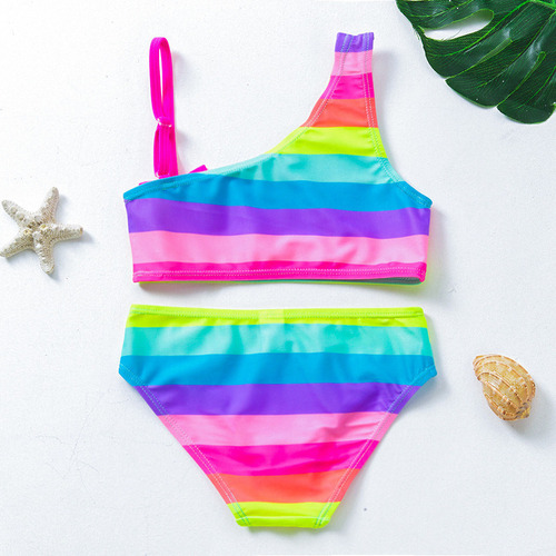 Traje De Baño Bikini Con Rayas Arcoíris Para Niñas