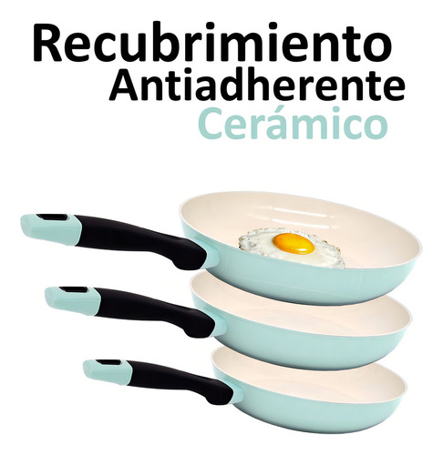 Jgo 3pz Sartenes Ceramica Antiadherente C/ Fibra De Carbon Color Beige/jade