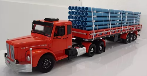 Carreta Bitrem Scania Bau de Madeira Brinquedo Cocacola 7 Eixo 1,25m