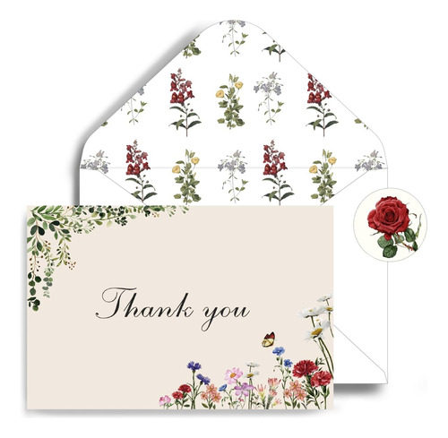 Thank You Cards, 4x6 Inch Vintage Flower Thank You Cards Wit