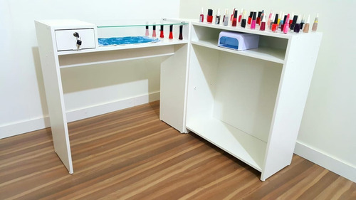 Mesa L Recepção Vidro Esmalteiro Atendimento Cor Branco