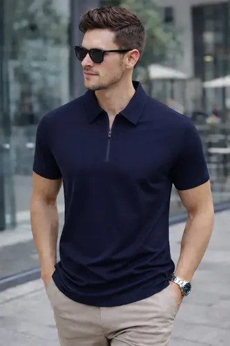 Camisa Polo Zíper Masculina Slim Fit Tecnológica Azul-marinho Liso P