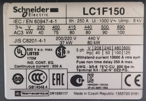 Contatora Schneider Lc1f150 150 Amperes Com Bobina 220v