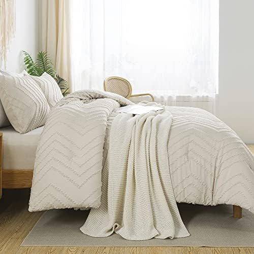 Litanika Queen Juego De Edredón Beige, 3 Piezas Boho Chevron