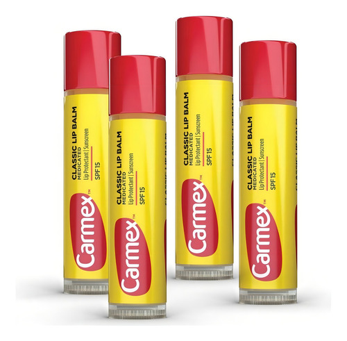 Brilho labial hidratante Carmex Carmex Classic Lip Balm Medicated Stick — pacote com 4 cores clássicas