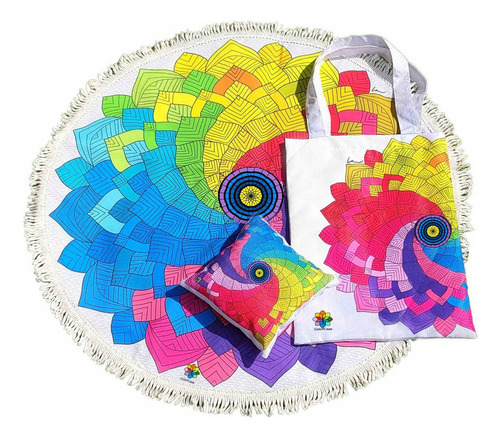 Kit Yoga Tapete Almofada E Bolsa Mandala Colorida Espiral Cor Colorido