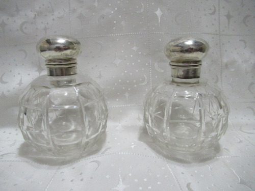 Antg Par Frascos Perfume Cristal Tapones Plata Punzón Inglés