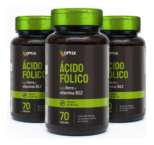 Kit 3x Ácido Fólico Ferro E Vitamina B12 70 Cápsulas - Omix